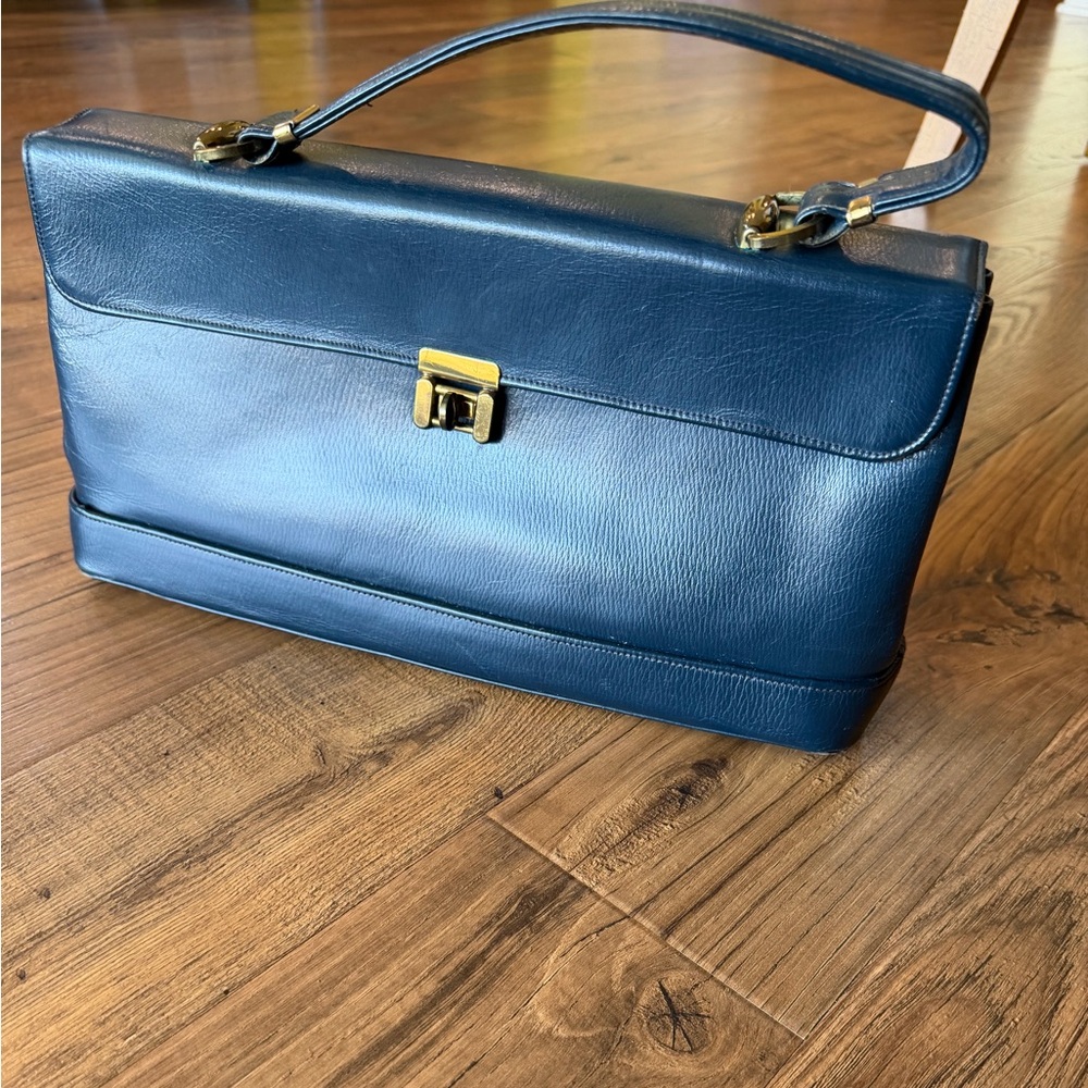 Vintage Meeker Navy Blue Leather Handbag with Gold Accents